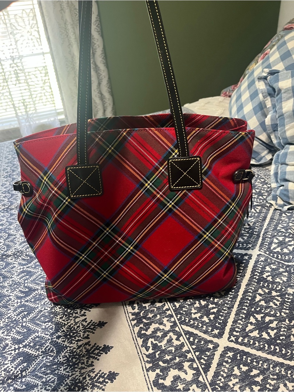 Dooney & Bourke Red TartanTote with Black Leather Handles (Some Interior Marks) - Picture 3 of 16